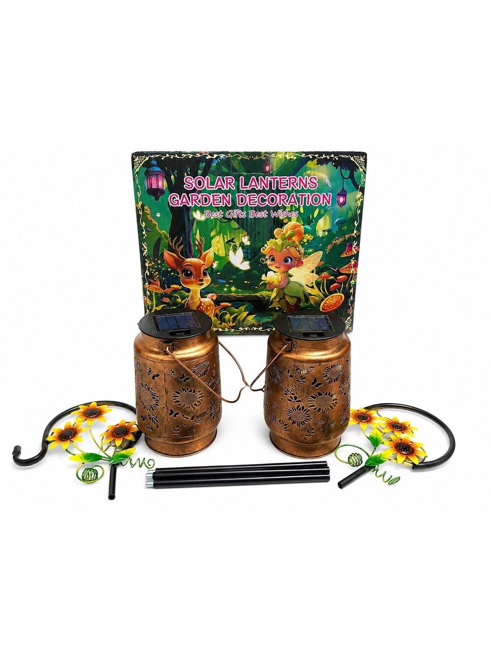Set of 2 Solar Garden Lanterns Outdoor Hanging LED Warm Light w/ Hooks